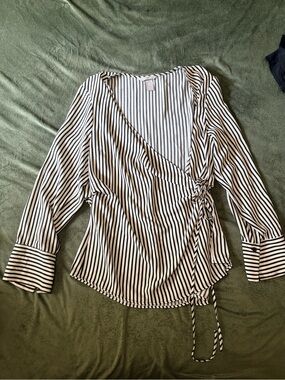 H&M Black and White Vertical Stripe Wrap Top